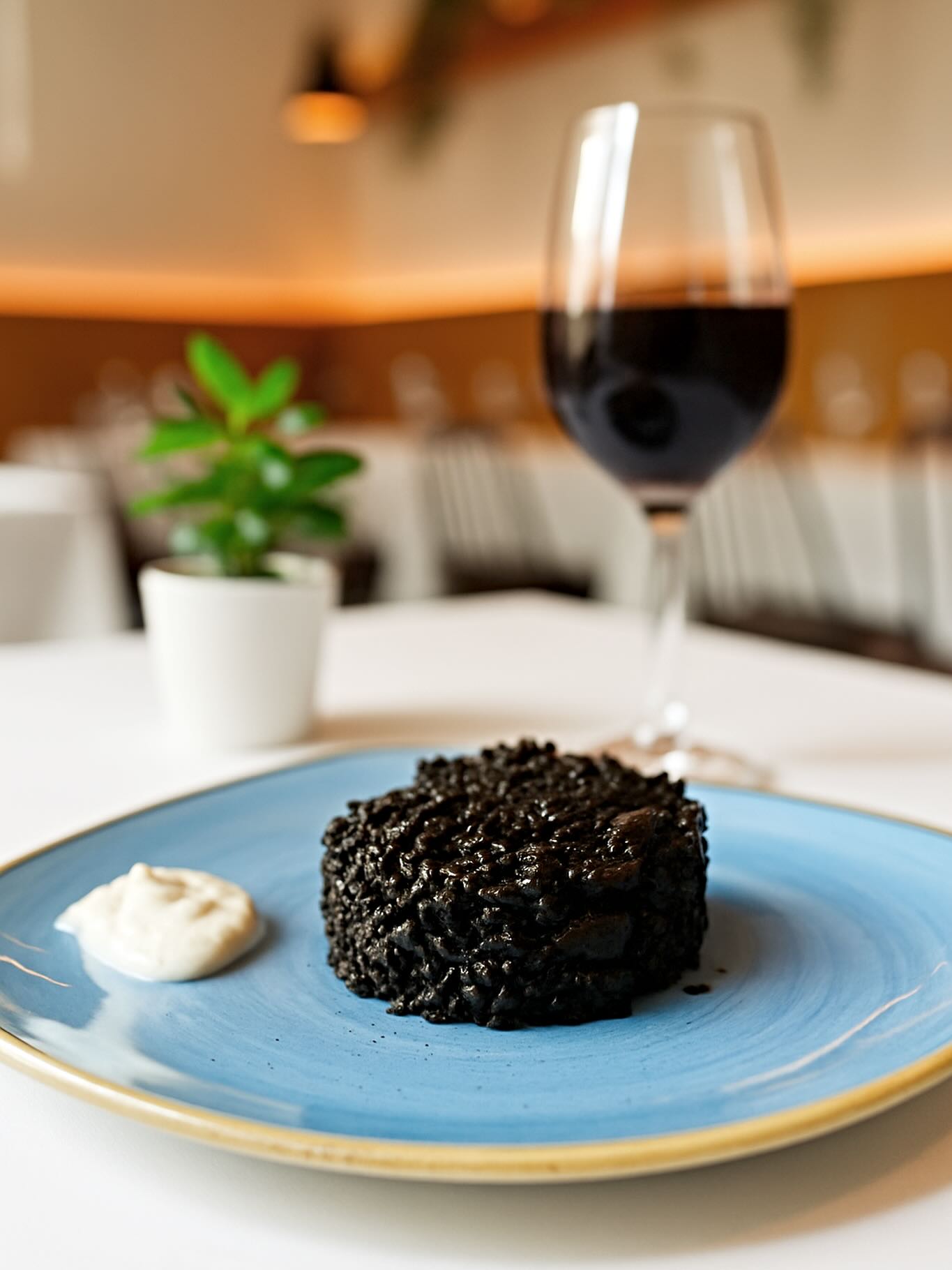 Arroz negro servido en plato azul