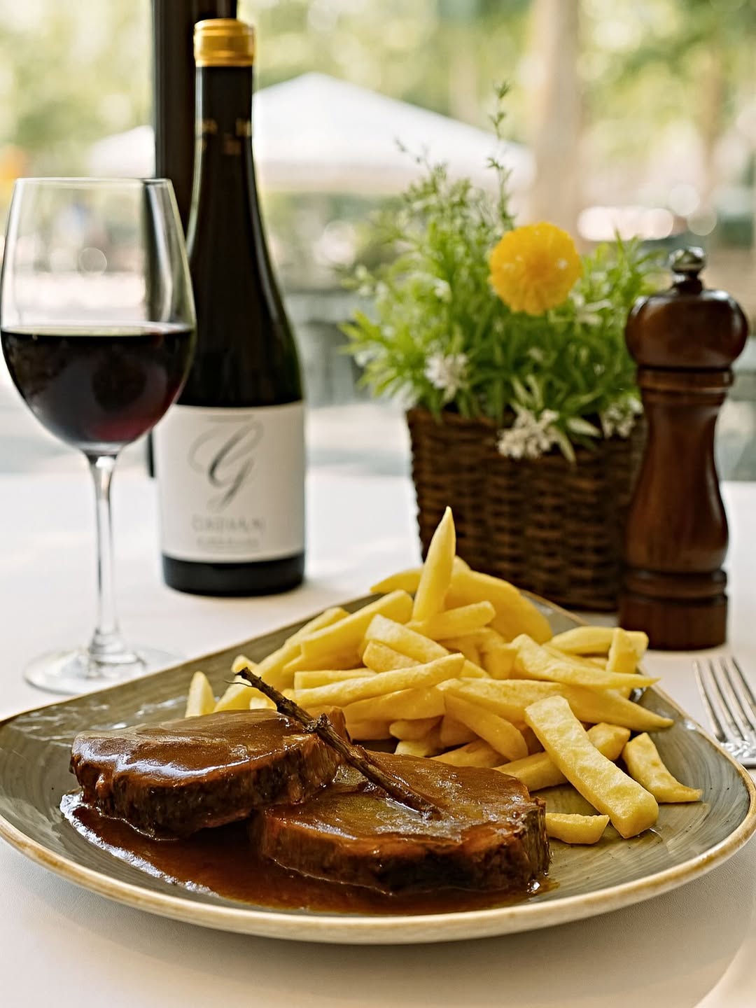 Carne con patatas y vino