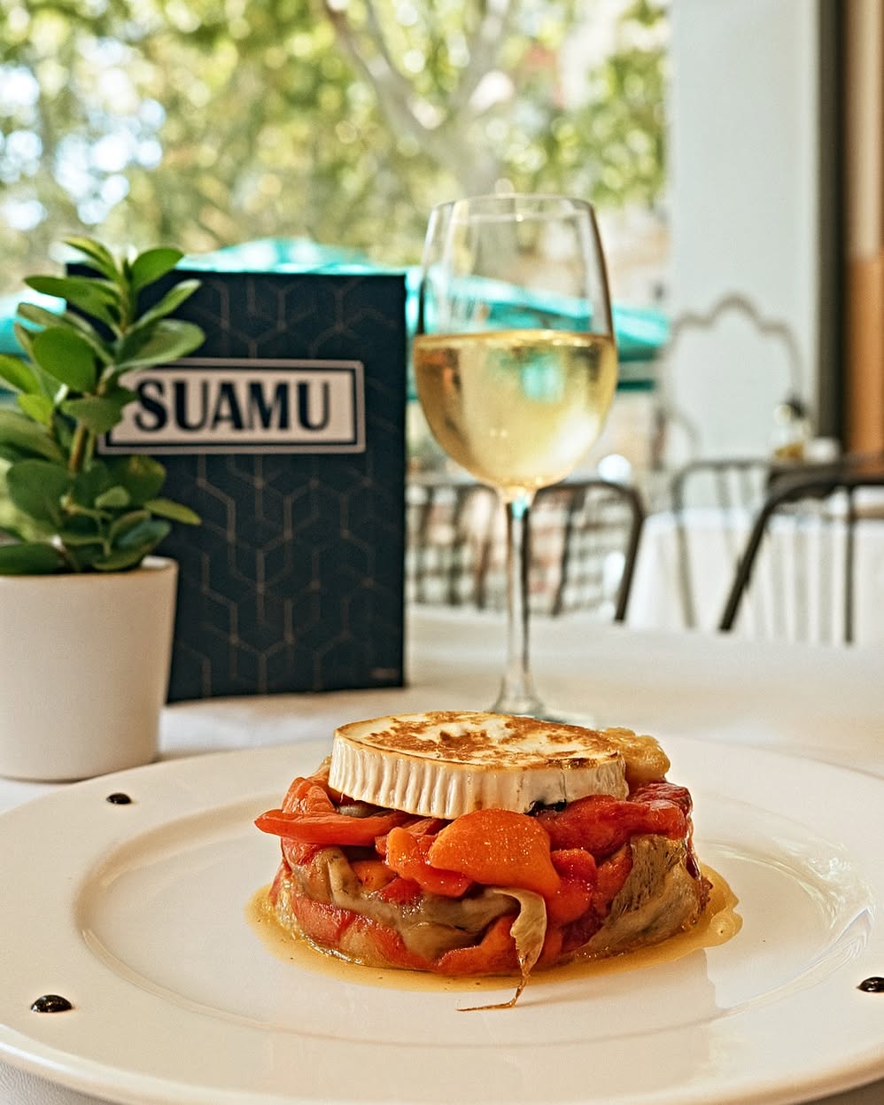 Plato del menú del día con vino en Suamu
